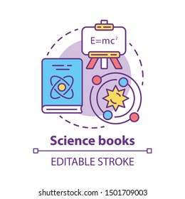 Science books concept icon. Scientific literature idea thin line illustration. Academic paper research, tractate. Physics and astronomy encyclopedia. Vector isolated outline drawing. Editable stroke