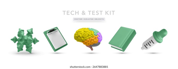 Science and Brain Research Icons Set Featuring Molecule, Clipboard, Brain, Book, and Dropper in Modern 3D Style. Great for Lab, Cognitive Studies, and STEM Use. Vector Illustration.