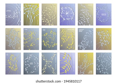Science brochure cover templates vector set. Global network concept backgrounds. Medicine scientific magazine cover layouts. Intersecting waves patterns. Labortory folder covers collection.