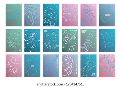 Conjunto de vectores de plantillas de portada de folletos científicos. Antecedentes de la estructura molecular. Diseño de portada de la revista Healthcare. Texturas de conexiones neuronales. Gráficos abstractos de datos tecnológicos.
