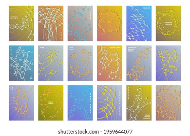 Science brochure cover templates vector set. Neurons plexus concept backgrounds. Modern corporate magazine cover layouts. Intersecting waves patterns. Annual report covers collection.