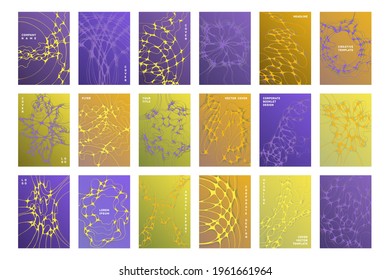 Science brochure cover templates vector set. Worldwide teamwork concept backgrounds. Healthcare magazine cover layouts. Neuron cells textures. Marketing banners collection.