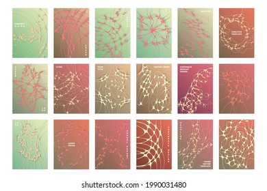 Science brochure cover templates vector set. Neurons plexus concept backgrounds. Modern corporate magazine cover layouts. Digital waves net patterns. Business flyer templates design.