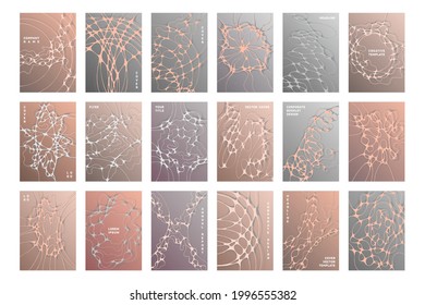 Conjunto de vectores de plantillas de portada de folletos científicos. Antecedentes del concepto de comunicación. Diseño de portada de la revista Healthcare. Patrones de redes de ondas digitales. Resúmenes de la presentación de la investigación cerebral.