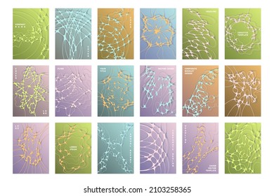 Science brochure cover templates vector set. Worldwide teamwork concept backgrounds. Modern corporate magazine cover layouts. Intersecting waves patterns. Business flyer templates design.