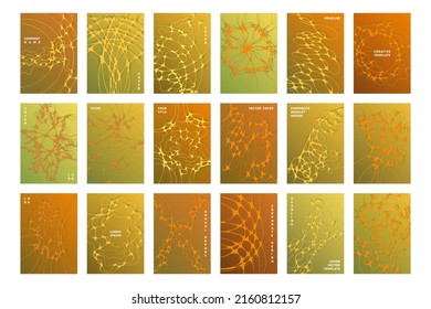 Conjunto de vectores de plantillas de portada de folletos científicos. Antecedentes de concepto de red global. Diseño de portadas de revistas científicas de medicina. Patrones de cuadrícula de líneas de curva. La carpeta de laboratorio cubre la colección.
