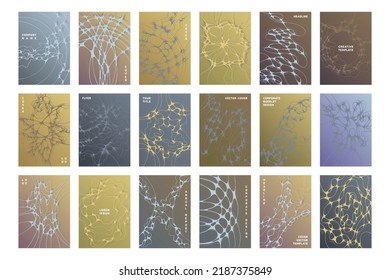 Science brochure cover templates vector set. Worldwide teamwork concept backgrounds. Healthcare magazine cover layouts. Intersecting waves patterns. Tech data abstract graphics.