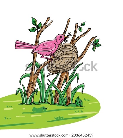 Science of Building a nest page for kids. Vector illustration for children. Vector illustration of Building a nest on white background.