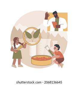 Science camp abstract concept vector illustration. Science summer camp, young scientists lessons, laboratory tests, thematic vacation for kids, outdoor study, making experiment abstract metaphor.