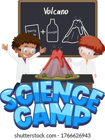 Science Camp Logo And Children With Volcano Science Experiment Illustration