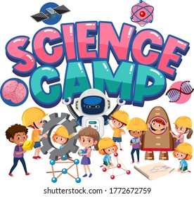 Science camp logo with children wearing engineer costume isolated illustration