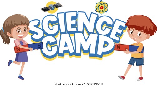 Science camp logo and kids holding magnet isolated illustration
