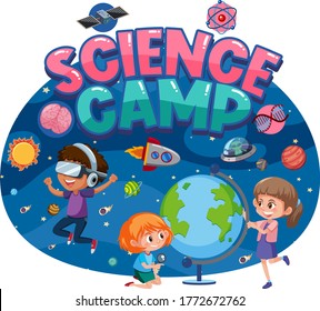 Science camp logo with kids and space objects in space isolated illustration