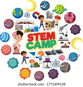 Science camp logo with many planets in circle shape isolated illustration