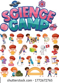 Science camp logo and set of children with education objects isolated illustration