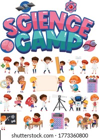 Science camp logo and set of children with education objects isolated illustration