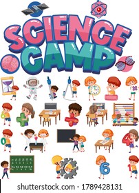 Science camp logo and set of children with education objects isolated illustration