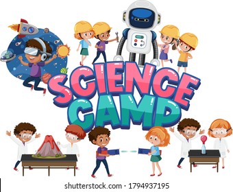 Science camp logo and set of children with education objects isolated illustration