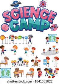 Science camp logo and set of children with education objects isolated illustration