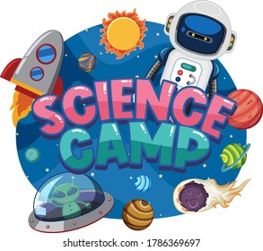 Science camp logo with space objects in the space isolated illustration
