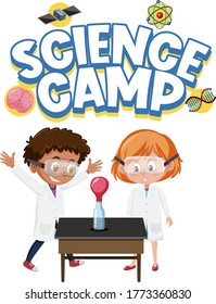 Science camp logo and two kids wearing scientist costume isolated illustration