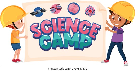 Logo del campamento de ciencia con dos niños usando disfraz de ingeniero ilustraciones aisladas