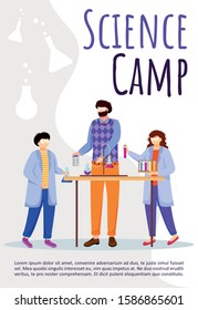 Science camp poster vector template. Children and chemistry experiments. Brochure, cover, booklet page concept design with flat illustrations. Advertising flyer, leaflet, banner layout idea