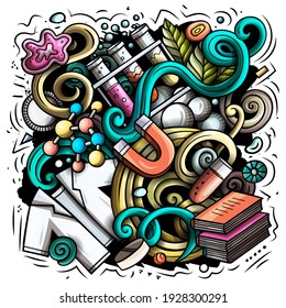 Science cartoon vector doodle design. Colorful detailed composition with lot of scientific objects and symbols. All items are separate