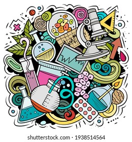 Science cartoon vector doodle design. Colorful detailed composition with lot of scientific objects and symbols. All items are separate