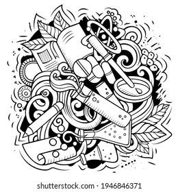 Science cartoon vector doodle design. Sketchy detailed composition with lot of scientific objects and symbols. All items are separate