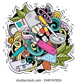 Science cartoon vector doodle design. Colorful detailed composition with lot of scientific objects and symbols. All items are separate