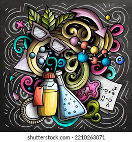 Science cartoon vector doodle design. Chalkboard detailed composition with lot of scientific objects and symbols