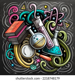 Science cartoon vector doodle design. Chalkboard detailed composition with lot of scientific objects and symbols
