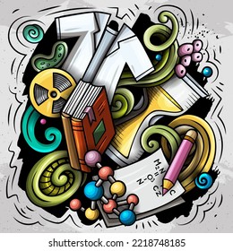 Science cartoon vector doodle design. Colorful detailed composition with lot of scientific objects and symbols. All items are separate