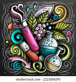 Science cartoon vector doodle design. Chalkboard detailed composition with lot of scientific objects and symbols