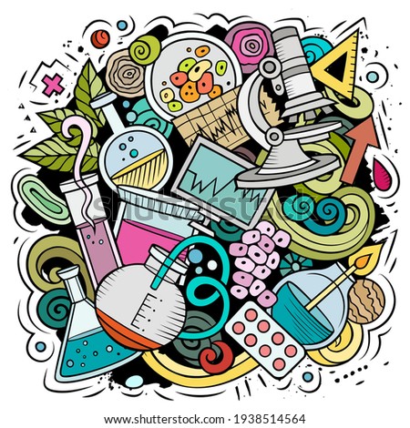 Science cartoon vector doodle design. Colorful detailed composition with lot of scientific objects and symbols. All items are separate