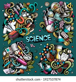 Science cartoon vector doodle designs set. Colorful detailed compositions with lot of scientific objects and symbols. All items are separate