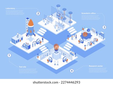 Science center concept 3d isometric web scene with infographic. People making researches and tests, scientists staff working in office and laboratory. Vector illustration in isometry graphic design