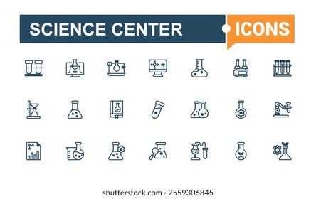 Science Center icons set. It contains symbols to experiment, flask, death, biology, chemistry, test, ar, medical. Isolated icons design. Solid line editable stroke. Vector line and solid icons.