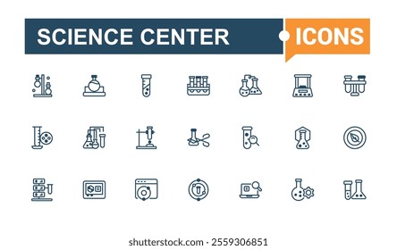 Science Center icons set. It contains symbols to experiment, flask, death, biology, chemistry, test, ar, medical. Isolated icons design. Solid line editable stroke. Vector line and solid icons.