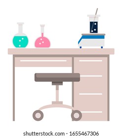 Science center for making experiments and researches in medicine field. Pharmaceutical laboratory with substances in test tubes and equipment for measuring and weighing liquids vector in flat