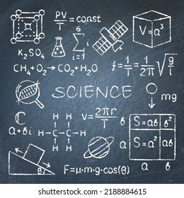 Science chalkboard poster with formulas and equations. Scientific symbols. Vector illustration.