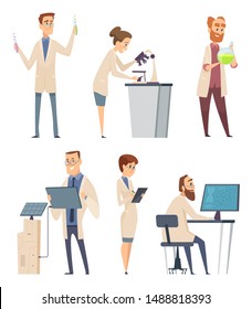 Science characters. Pharmacist modern biologist technician instructor working at laboratory research vector people