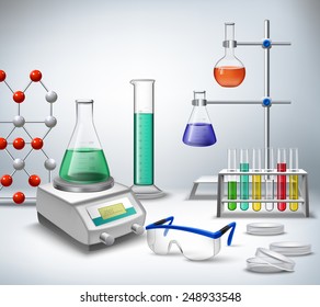 Science chemical and medical research equipment in lab realistic background vector illustration