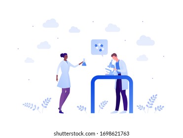 Science chemistry and biotechnology laboratory concept. Vector flat person illustration. Man scientist with microscope and black african american woman with tube. Design for medicine banner, poster