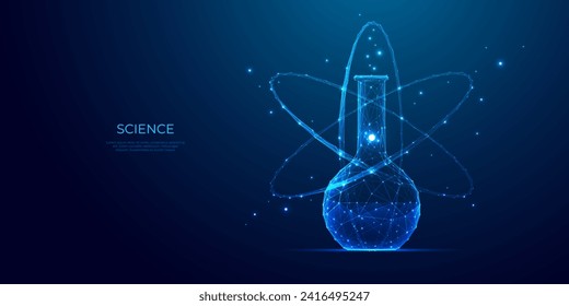 Science chemistry concept. Abstract polygonal laboratory tube and atom symbol with 3D effect. Digital scientific flask and nuclear molecule on blue technology background. Chemical vector illustration.