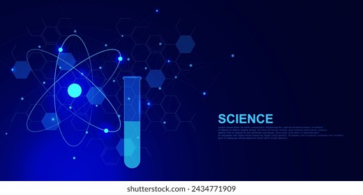 Science and chemistry concept with atom symbol, molecular structure and tube on blue technology background. Vector illustration.