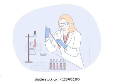 Science, chemistry, coronavirus, analysis, experiment concept. Woman scholar medical lab worker making chemical reaction in laboratory. Scientific test academic research or vaccine covid19 creation.