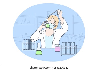 Science, chemistry, coronavirus, experiment concept. Young happy woman scholar medical lab worker makes chemical reaction in laboratory. Scientific test academic research or vaccine covid19 creation.