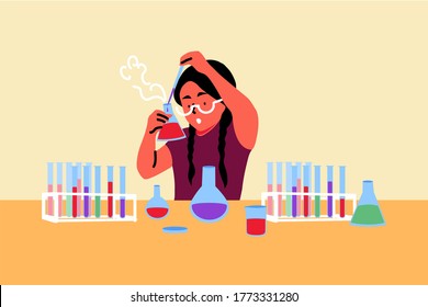 Science, chemistry, education, study concept. Young child kid schoolgirl character scientist chemist playing with flasks or beakers setting experiment. Learning scientific subject in lab and affection